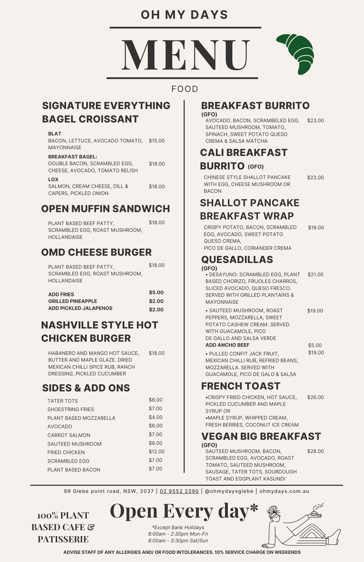 Menu with food items and prices for Oh My Days restaurant.