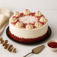 Red velvet cake with white frosting on a black plate, surrounded by decorative elements.