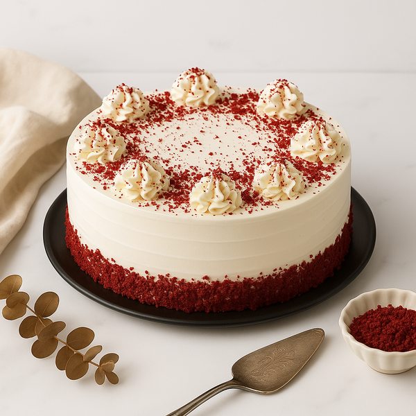 Red velvet cake with white frosting on a black plate, surrounded by decorative elements.