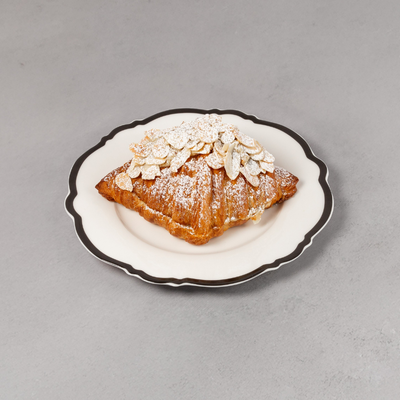 Pastry with powdered sugar and almonds on a decorative plate against a gray background